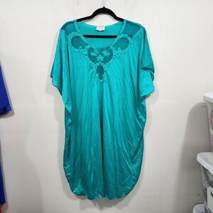 Kelly Reed Short Nightgown Sleepshirt Teal Silky Nylon Satin Sheer Mesh OSFM